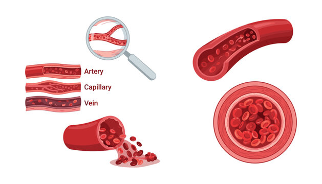 Human blood vessels anatomy vector illustration collection showing artery capillary vein structures and red blood cells cross section diagram