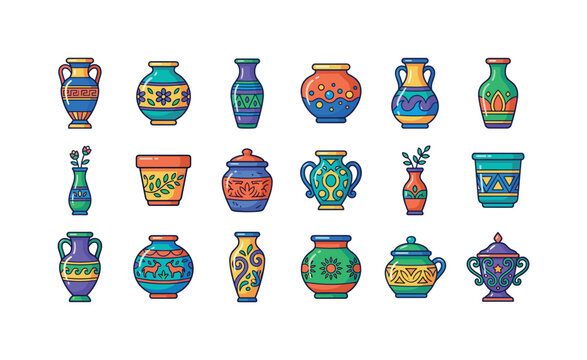 Decorative Vase Collection, bright flat vector icon set featuring amphora, ceramic vase, tall vase, round vase, narrow vase, flower pot, pottery jar and ornamental container, covering interior decor,