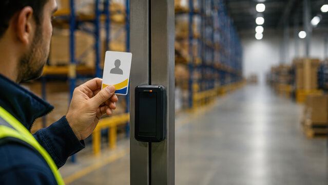 Worker using customizable id card for warehouse access control at distribution facility with storage rack and electronic reader