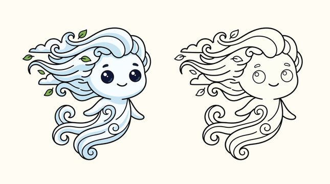 Cute wind spirit vector illustration featuring a whimsical cloud sprite character with flowing hair and a coloring page outline version