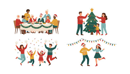 Fototapeta premium Vector collection of happy family celebrating Christmas dinner decorating tree and dancing with sparklers holiday party scene illustration set