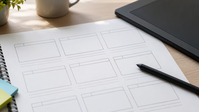 Storyboard template, pen, digital tablet, and sticky notes on desk for creative interactive course design planning