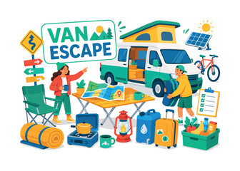 Fototapeta premium Camper Van Road Trip banner featuring two travelers setting up beside an oversized camper van and large folding table; camping chair, sleeping bag, stove, water tank, map, bicycle, lantern, suitcase,