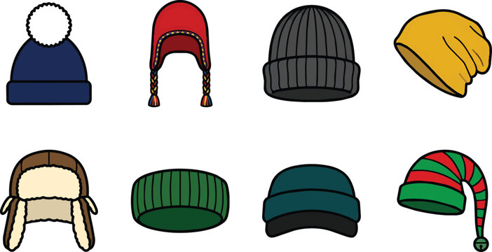 Winter hat vector icon set featuring cozy beanies earflap hats and festive holiday headwear for cold weather fashion.
