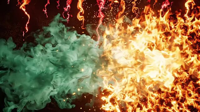 Fiery flame effect with rising embers and smoke on black