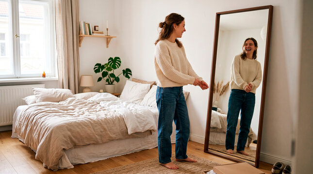 Young woman looking happily at herself in a mirror in the bedroom.