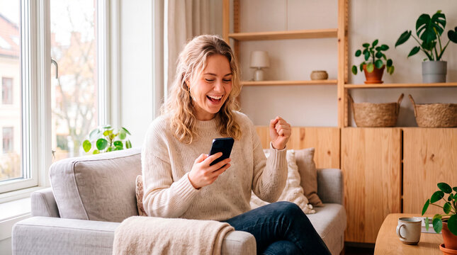 Young woman celebrating success while looking at her smartphone at home