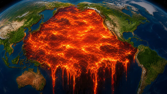 Global disaster map showing Pacific Ring of Fire filled with glowing hot molten lava flowing down the edge of planet Earth conceptual satellite view.