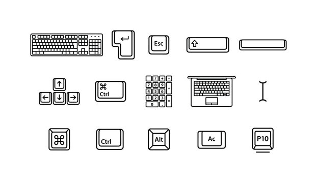 Computer Keyboard Controls, line icon set featuring keyboard, enter key, escape key, shift key, space bar, arrow keys, shortcut key, number pad, laptop keyboard and typing cursor, covering computer