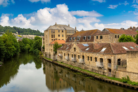 River Avon Riverside with Historic Buildings in Bath, Somerset, England, UK