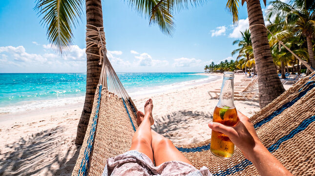 Person relaxing in a hammock on a tropical beach with a cold drink.