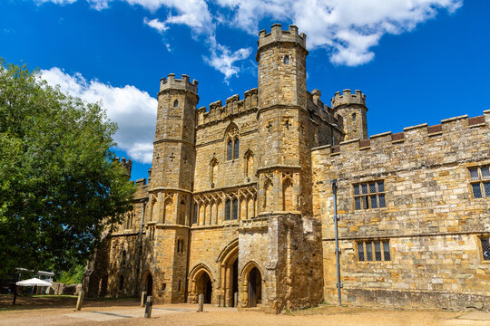 Medieval Gatehouse of Battle Abbey in Battle, East Sussex, England, UK under Blue Sky