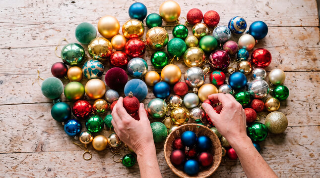 Hands arranging colorful Christmas ornaments on a wooden table