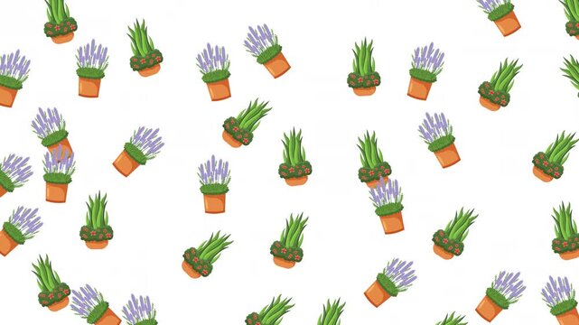 Seamless pattern of various potted indoor plants and lavender flowers on a clean white background