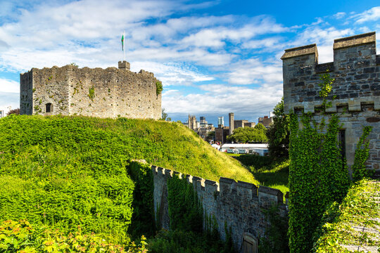 Cardiff Castle Norman Keep and Ivy Covered Stone Walls in Cardiff, Wales, UK