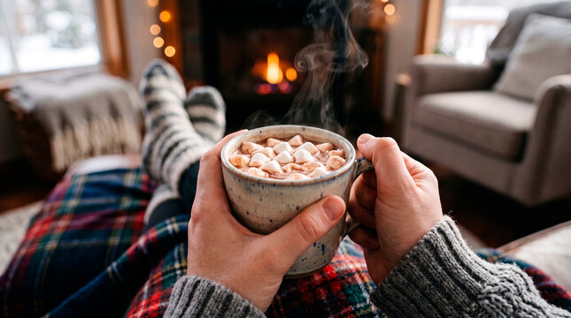 A person sitting in a cozy armchair with hot chocolate by the fireplace.