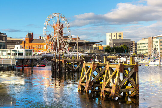 Cardiff Bay Waterfront with Ferris Wheel in Cardiff, Wales, UK