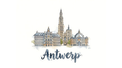 Fototapeta premium Artistic watercolor representation of iconic Antwerp cityscape featuring historic architecture and landmarks in a charming,