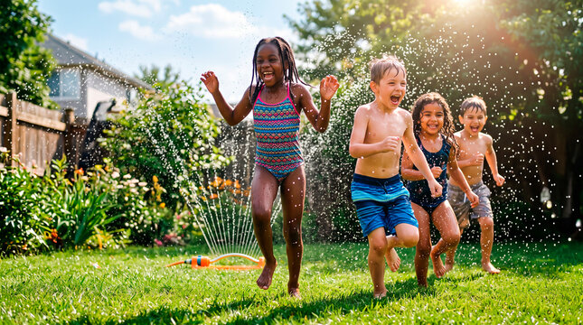 Children joyfully playing in sprinkler water on a sunny summer day in the backyard