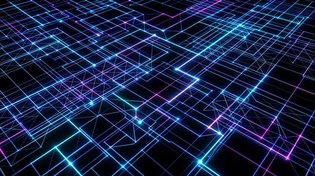 Geometric glowing grid pattern shining against a black backdrop representing modern digital networking technology abstract digital background network data future connection dynamic glowing square