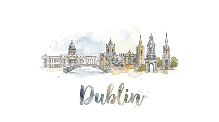Naklejka premium Elegant watercolor illustration of iconic Dublin cityscape showcasing historic landmarks and architectural diversity