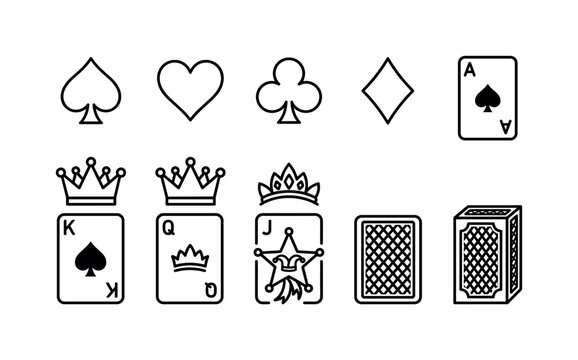 Playing Card Suits, line icon set featuring spade, heart, club, diamond, ace card, king card symbol, queen card symbol, joker star symbol, card back and deck box, covering poker, casino games, classic