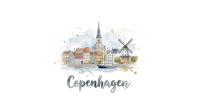 Charming watercolor depiction of Copenhagen's iconic skyline featuring historic architecture and a traditional windmill along a