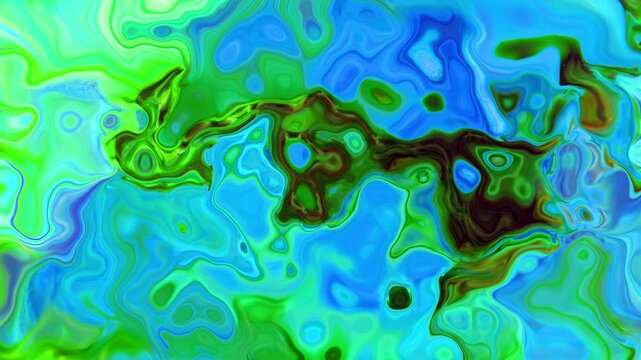 Vibrant abstract fluid art featuring swirling patterns of green, blue, and teal. High-contrast ink diffusion creates organic, psychedelic textures suitable for modern design backgrounds and digital ar