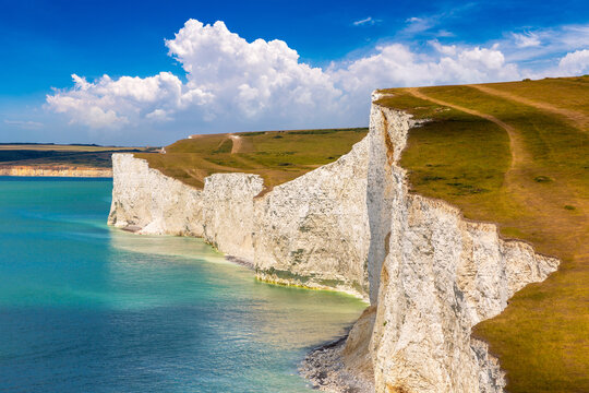 White Chalk Cliffs of Seven Sisters in South Downs National Park, England, UK