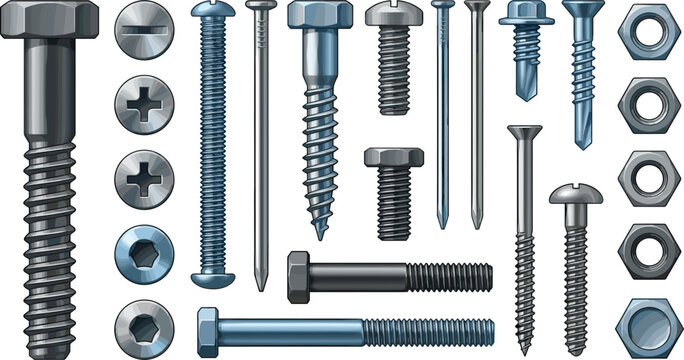 Metal screws bolts nuts and nails hardware collection with different fastners heads types flat vector illustration set