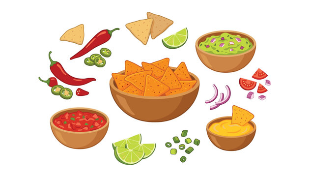 Mexican food elements set with crunchy nachos tortilla chips guacamole salsa cheese dip chili pepper and fresh ingredients vector