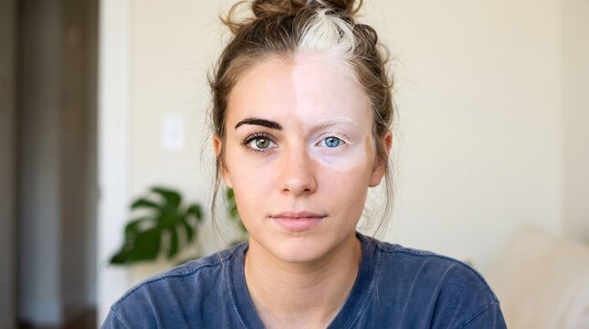 Young woman with dual face skin tone representing vitiligo and genetic diversity concept, portrait of female showing heterochromia and unique beauty