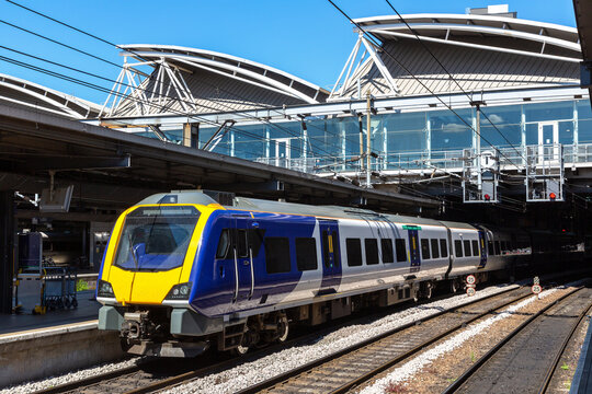 Diesel Multiple Unit train at Leeds Railway Station, West Yorkshire, England, UK