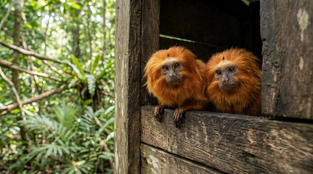 Two golden lion monkeys looking out from a timber sanctuary opening primate monkey wildlife pair animal mammal golden fur nature shelter wooden window curiosity exotic wild fauna watching sanctuary