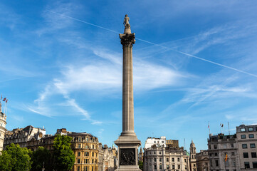 Naklejka premium Nelson Column with Admiral Nelson statue at Trafalgar Square in London, England, UK