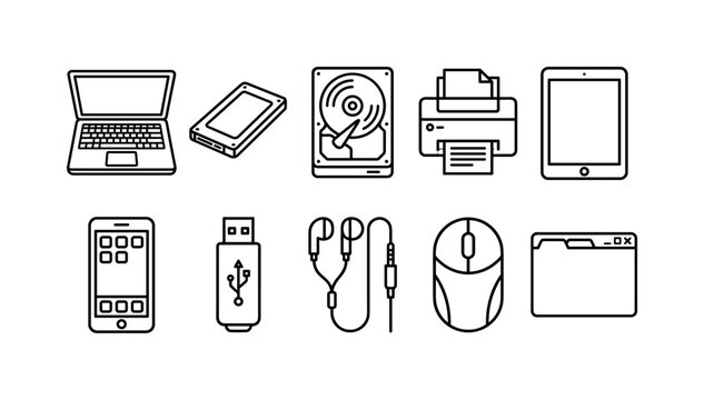 Mobile Device Hardware, line icon set featuring laptop, SSD, HDD, printer, tablet, smartphone, flash drive, earphones, mouse and browser window, covering consumer electronics, computer storage, office