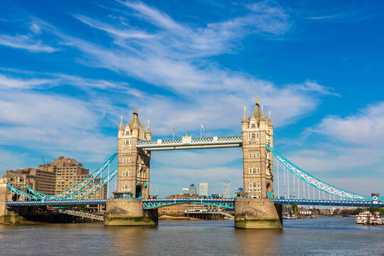 Tower Bridge Bascule and Suspension Bridge over River Thames in London, England, UK
