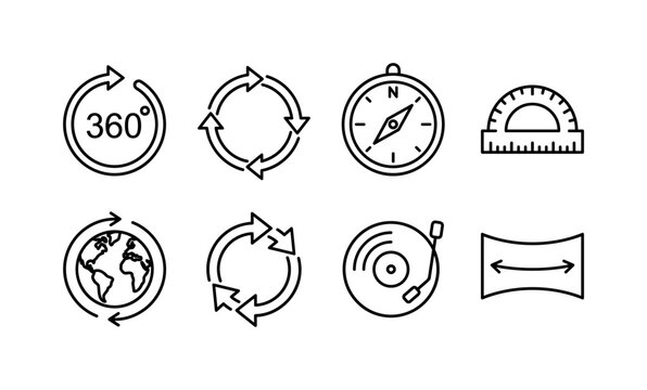 Full Rotation Geometry, line icon set featuring circular 360-degree arrow, rotation ring, compass, protractor, globe spin symbol, refresh arrows, turntable and panorama icon, covering 360 degrees,