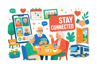Fototapeta premium Senior Social Connection Community banner featuring three senior friends sharing coffee and a card game beside an oversized video-call phone and large community table; park bench, calendar, group
