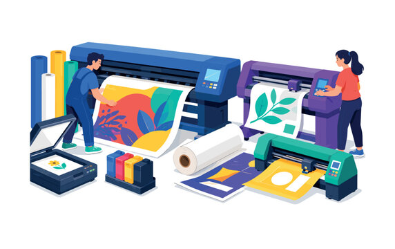 Professional Print Equipment, bright colorful flat vector banner with 2 printshop workers operating one oversized large-format printer and one giant plotter, supporting scanner, cutting machine, ink