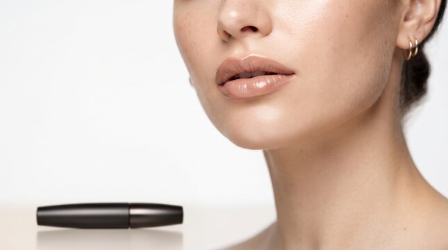 Woman with natural skin and mascara tube for beauty and cosmetics advertising photography.