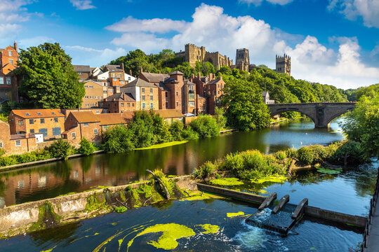 Townscape of Durham with Framwellgate Bridge, River Wear, castle and cathedral in England, UK