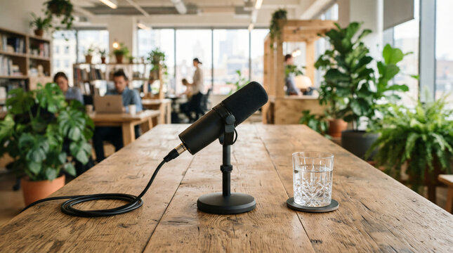 Professional stock photo of a black vocal microphone and a glass of water on a wooden table. Close-up of modern office coworking workspace or podcast studio recording with blurry background.
