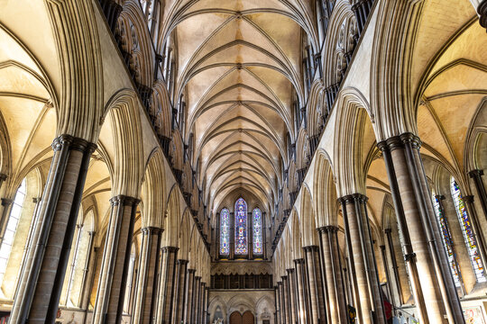 Indoor view of Salisbury Cathedral interior with Gothic Vaulted Ceiling in Salisbury, England, UK