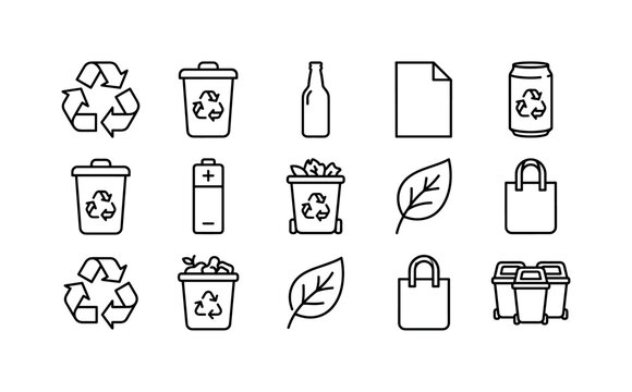 Recycling Environment Symbols, line icon set featuring recycling arrows, recycling bin, glass bottle, paper sheet, aluminum can, battery, compost bin, leaf, eco bag, waste sorting containers, covering