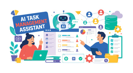 Fototapeta premium AI Task Management Assistant, bright colorful flat vector banner with 2 expressive professionals using an oversized artificial intelligence assistant, smart task dashboard and connected network,