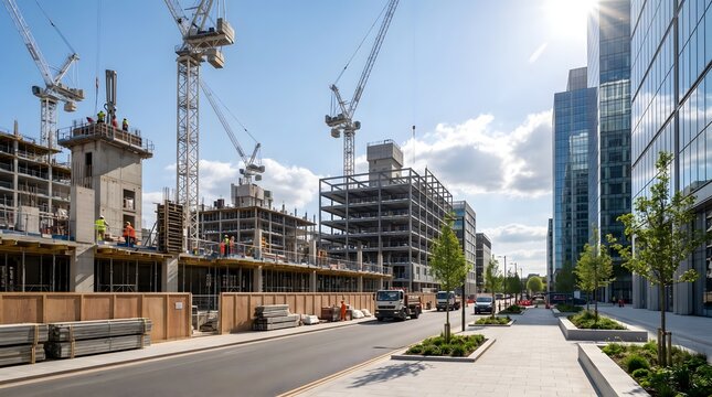 Modern Urban Construction Site with Tower Cranes and Skyscrapers