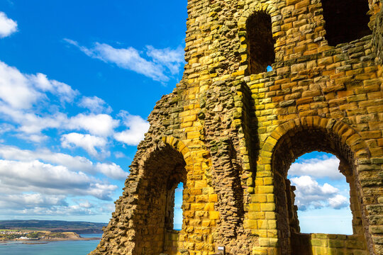 Scarborough Castle Stone medieval Arches above Coastline in Scarborough, North Yorkshire, England, UK