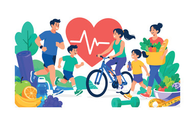 Fototapeta premium Healthy Family Lifestyle, bright colorful flat vector banner with 2 parents and 2 children exercising, cycling, running and carrying healthy groceries around 1 oversized wellness heart, asymmetric