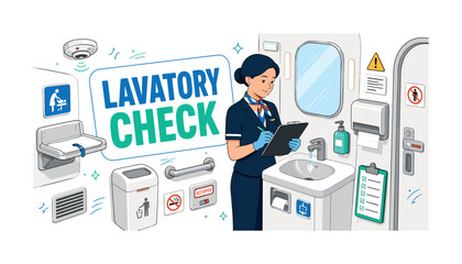 Fototapeta premium Aircraft Lavatory Service. A clean editorial banner showing a cabin attendant checking an oversized aircraft lavatory and sink, with a mirror, soap dispenser, paper towel, smoke detector, waste bin,